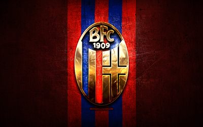 bologna fc, golden logo, serie a, red metal hintergrund, fu&#223;ball, bologna, italienische fu&#223;ball-club, logo, fussball, italien