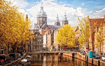 Basilica of Saint Nicholas, Amsterdam, autumn, cityscape, river, yellow trees, Amsterdam landmark, Netherlands
