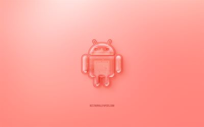 Android 3D logo, kırmızı bir arka plan, Android jelly logo, Android amblemi, yaratıcı 3D sanat, Android