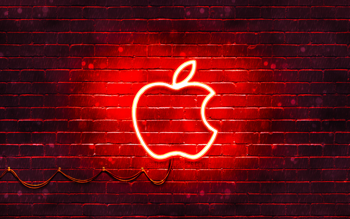 4k, Apple赤ロゴ, 赤brickwall, Appleのロゴ, 赤いネオンリンゴ, ブランド, リンゴネオンのロゴ, Apple
