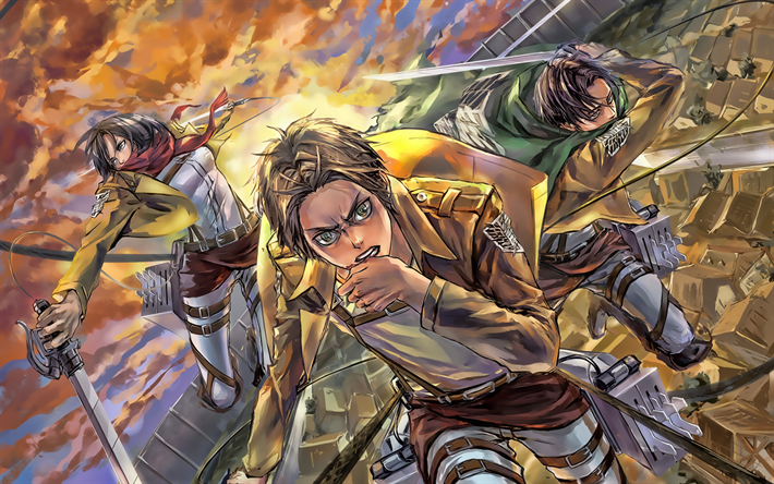 Eren Jaeger, Mikasa Ackerman, Levi Ackerman, la batalla, el Ataque en Tit&#225;n manga de Shingeki no Kyojin
