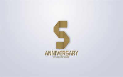 5th Anniversary, Anniversary golden origami Background, creative art, 5 Years Anniversary, gold origami letters, 5th Anniversary sign, Anniversary Background