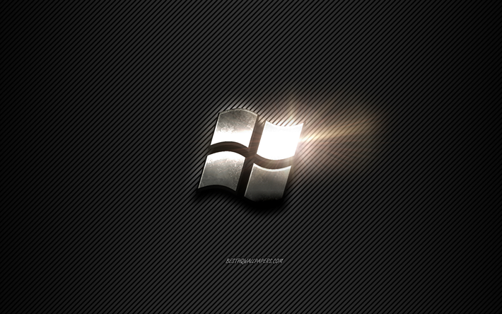 Windows Metal logo, black lines background, black carbon background, Windows logo, emblem, metal art, Windows
