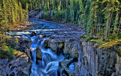 Jasper National Park, rio de montanha, ver&#227;o, cachoeiras, Canad&#225;, bela natureza, Am&#233;rica Do Norte, HDR