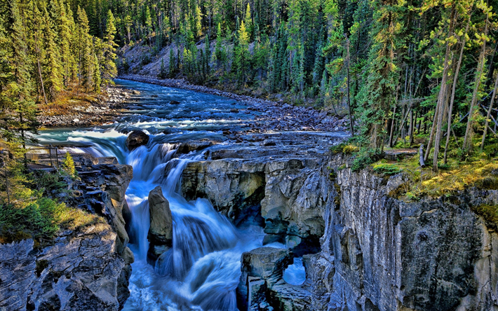 Jasper Ulusal Parkı, dağ nehir, yaz, şelaleler, Kanada, g&#252;zel bir doğa, Kuzey Amerika, HDR