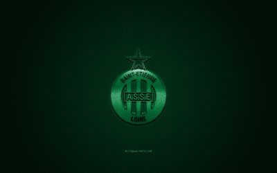AS Saint-Etienne, French football club, Ligue 1, Green logo, Green carbon fiber background, football, Saint-Etienne, France, AS Saint-Etienne logo