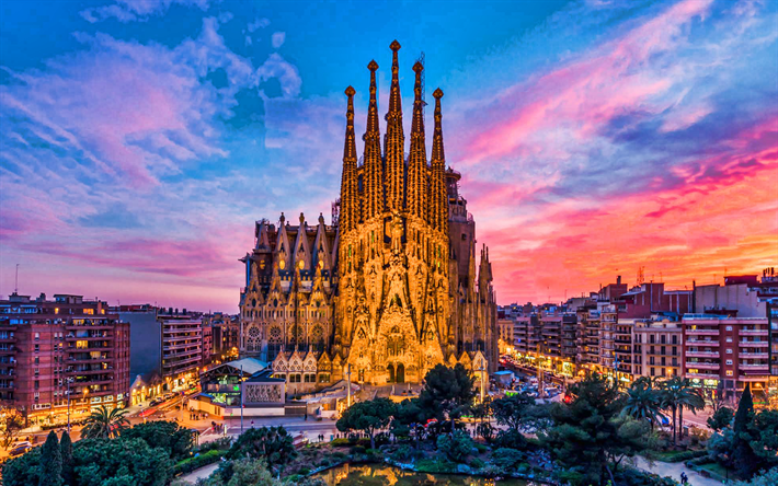 Sagrada Familia, Basilica of the Holy Family, Barcelona, Catalonia, evening, sunset, cityscape, Barcelona landmark, Basilica de la Sagrada Familia, Roman Catholic minor basilica