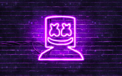4k, DJ Marshmello, violett brickwall, musik stj&#228;rnor, Christopher Comstock, lila neon skyltar, Bl&#229; neon Marshmello, musik varum&#228;rken, Marshmello