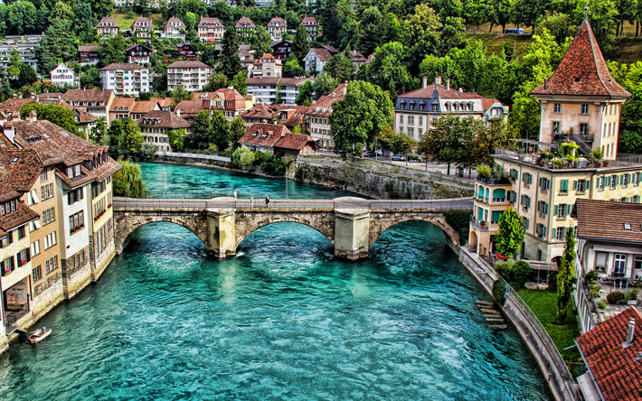 Berna, Kornhausbrucke, R&#237;o, r&#237;o, stone bridge, Berna landmark, Switzerland