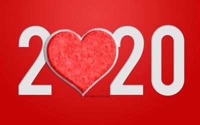 Red 2020 background, Happy New Year 2020, Red fur 2020 background, red fur heart, 2020 New Year, 2020 concepts