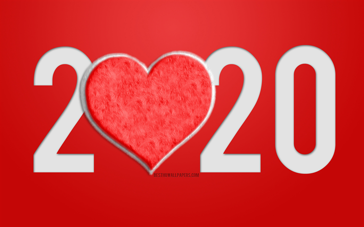 Rosso 2020 sfondo, Felice Nuovo Anno 2020, pelliccia Rossa 2020 sfondo, rosso, pelliccia cuore, 2020, il Nuovo Anno 2020 concetti