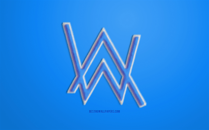 Azul, Alan Walker Logotipo, fondo azul, Alan Walker logo en 3D, creativo piel de arte, Alan Walker emblema, noruego DJ, Alan Walker
