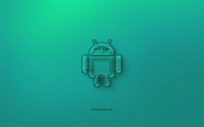 Android 3D logo, fond vert, Android vert de la gel&#233;e de logo, Android embl&#232;me, cr&#233;atif, art 3D, Android