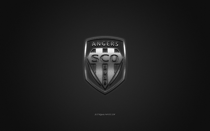 Angers SCO, Clube de futebol franc&#234;s, Liga 1, Logotipo prateado, Cinza de fibra de carbono de fundo, futebol, Angers, Fran&#231;a, Angers SCO logotipo