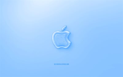 apple 3d-logo, blauer hintergrund, apple-blue-jelly-logo, apfel-emblem, kreative 3d-technik, apple