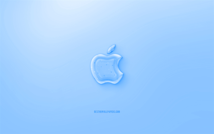 Apple3Dロゴ, 青色の背景, Apple青色のゼリーのロゴ, リンゴエンブレム, 創作3Dアート, Apple