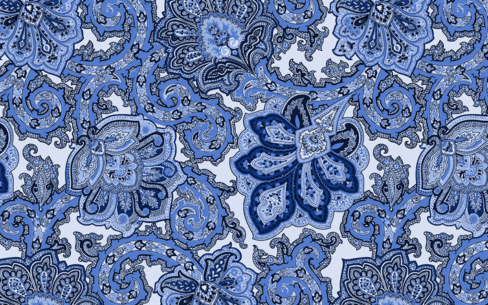 Bleu, ornement, texture, Floral, bleu, de la texture avec des motifs floraux, des fleurs r&#233;tro texture, floral, fond Bleu, Bleu fleurs r&#233;tro arri&#232;re-plan