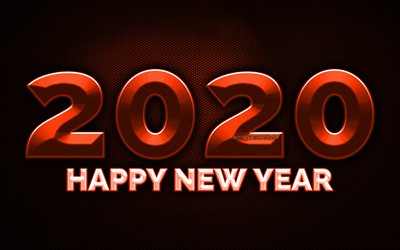2020 orange 3D digits, 4k, orange metal grid background, Happy New Year 2020, 2020 metal art, 2020 concepts, orange metal digits, 2020 on orange background, 2020 year digits