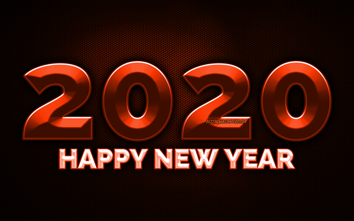2020年のオレンジ3D桁, 4k, オレンジ色の金属グリッドの背景, 謹んで新年の2020年までの, 2020年までの金属芸術, 2020年までの概念, オレンジ色の金属桁, 2020年までにオレンジ色の背景, 2020年の桁の数字