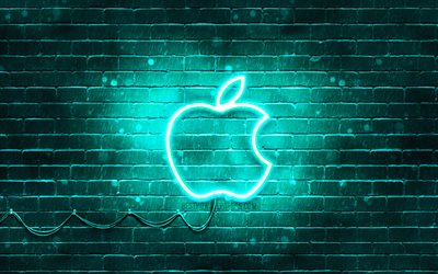4k, Apple turquoise logo, turquoise brickwall, Apple logo, turquoise neon apple, brands, Apple neon logo, Apple