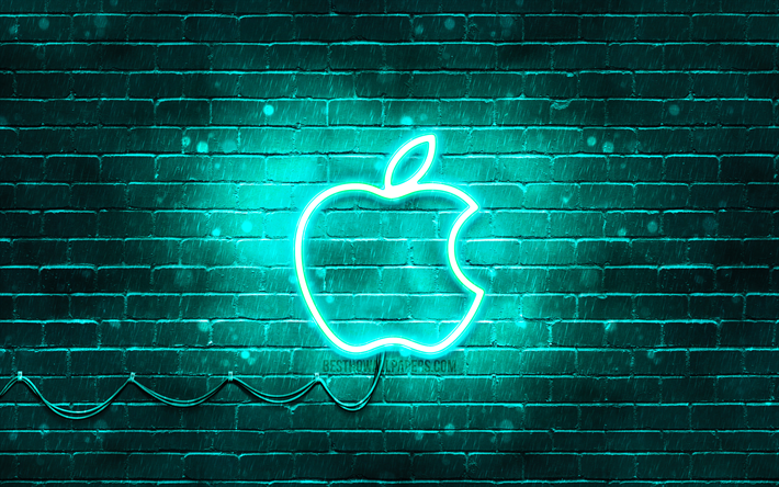 4k, la Manzana, el logotipo de color turquesa, turquesa brickwall, logotipo de la Manzana, turquesa, azul ne&#243;n de apple, marcas, Apple ne&#243;n logotipo de Apple