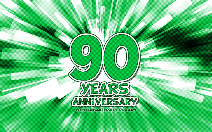 90th anniversary, 4k, turquoise abstract rays, anniversary concepts, cartoon art, 90th anniversary sign, artwork, 90 Years Anniversary