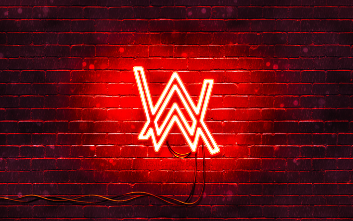 4k, Alan Walker red logo, superstar, rosso, muro di mattoni, logo Alan Walker, Alan Walker, Olav, musica, stelle, logo, neon