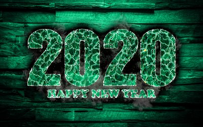 2020 turquoise fiery digits, 4k, Happy New Year 2020, turquoise wooden background, 2020 fire art, 2020 concepts, 2020 year digits, 2020 on turquoise background, New Year 2020