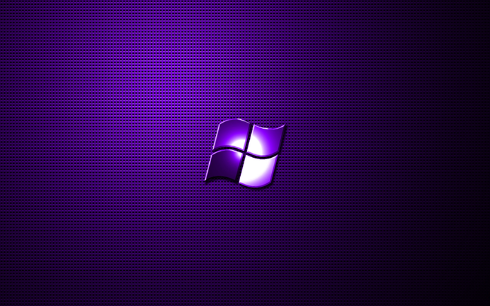Windows violet logo, artwork, metal grid background, Windows logo, creative, Windows, Windows metal logo