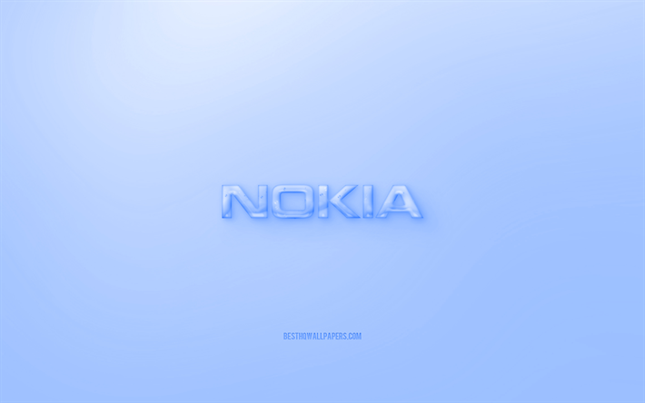 Nokia3Dロゴ, 青色の背景, 青Nokiaゼリーのロゴ, ノキアのエンブレム, 創作3Dアート, Nokia