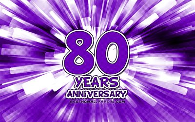 80e anniversaire, 4k, violet abstrait rayons, anniversaire, concepts, cartoon art, du 80e anniversaire de signe, illustration, 80 Ans Anniversaire