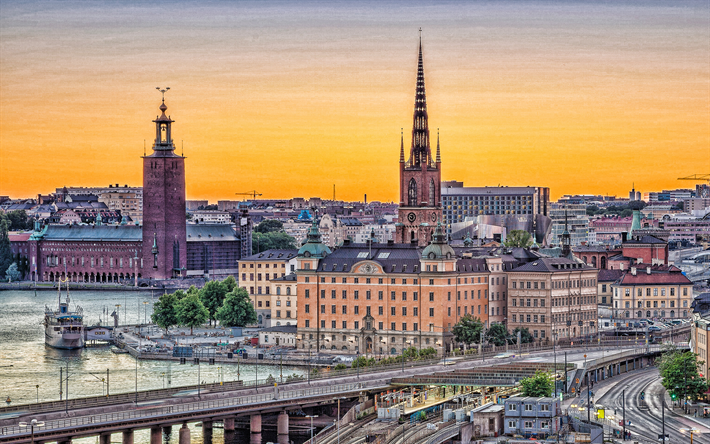 Estocolmo, su&#233;cia, capital da Su&#233;cia, Cidade velha, A Cidade entre as Pontes, noite, p&#244;r do sol, cidade sueca, Cidade, estocolmo, Su&#233;cia
