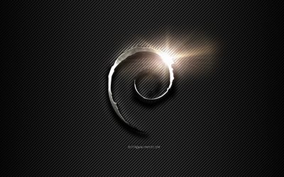 Debian Metal logo, siyah &#231;izgiler, arka plan, siyah karbon arka plan, Debian logosu, amblemi, metal sanat, Debian, Linux