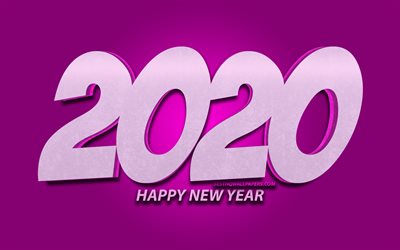 4k, 2020 purple 3D digits, cartoon art, Happy New Year 2020, purple background, 2020 neon art, 2020 concepts, 2020 on purple background, 2020 year digits, New Year 2020