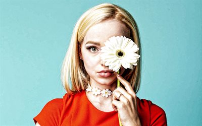 Dove Cameron, portrait, american actress, photoshoot, red dress, woman with camomile, popular actress, Dove Olivia Cameron