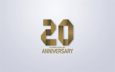 20 jahrestag, jubil&#228;um, goldene origami hintergrund, kreative kunst, 20 jahre, gold-origami-buchstaben, 20-j&#228;hriges jubil&#228;um zeichen, hintergrund