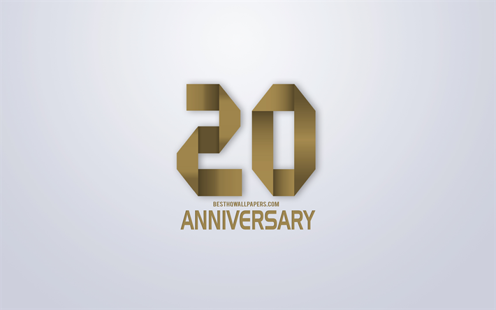 20th Anniversary, Anniversary golden origami Background, creative art, 20 Years Anniversary, gold origami letters, 20th Anniversary sign, Anniversary Background