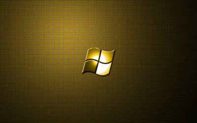Windows yellow logo, artwork, metal grid background, Windows logo, creative, Windows, Windows metal logo