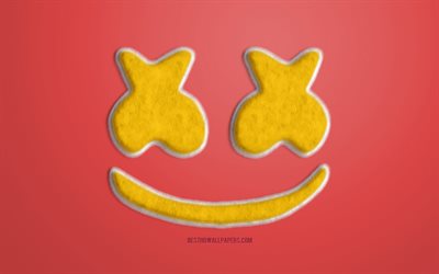 Yellow Marshmello Logo, Red background, Marshmello 3D logo, Marshmello fur logo, creative fur art, Marshmello emblem, American DJ, Marshmello, Christopher Comstock