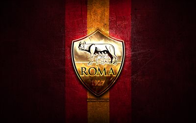 Roma FC, golden logo, Serie A, purple metal background, football, AS Roma, italian football club, Roma logo, soccer, Italy