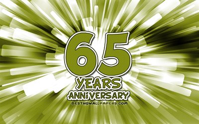 65th anniversary, 4k, green abstract rays, anniversary concepts, cartoon art, 65th anniversary sign, artwork, 65 Years Anniversary