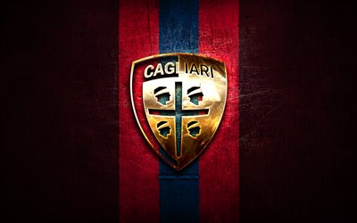 Cagliari FC, golden logotyp, Serie A, lila metall bakgrund, fotboll, Cagliari Calcio, italiensk fotboll club, Cagliari logotyp, Italien