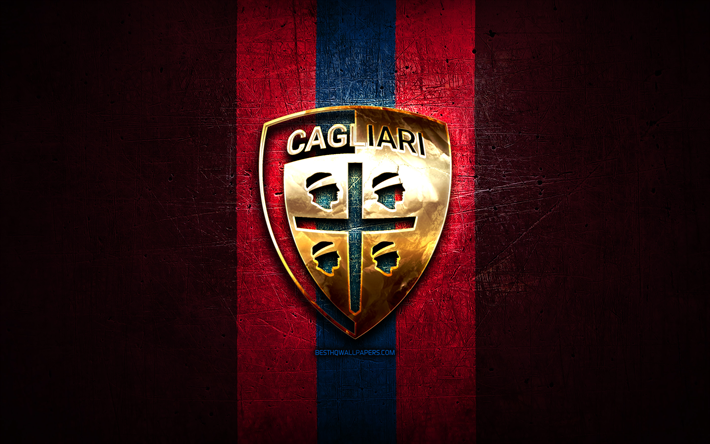 Cagliari FC, logo oro, Serie A, viola metallo, sfondo, calcio, Cagliari Calcio, calcio italiano di club, Cagliari, logo, Italia