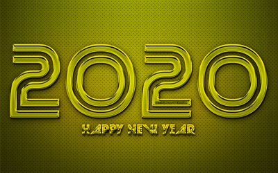 2020 yellow chrome digits, 4k, creative, yellow metal background, Happy New Year 2020, 2020 concepts, 2020 on yellow background, chrome digits, 2020 on metal background, 2020 year digits