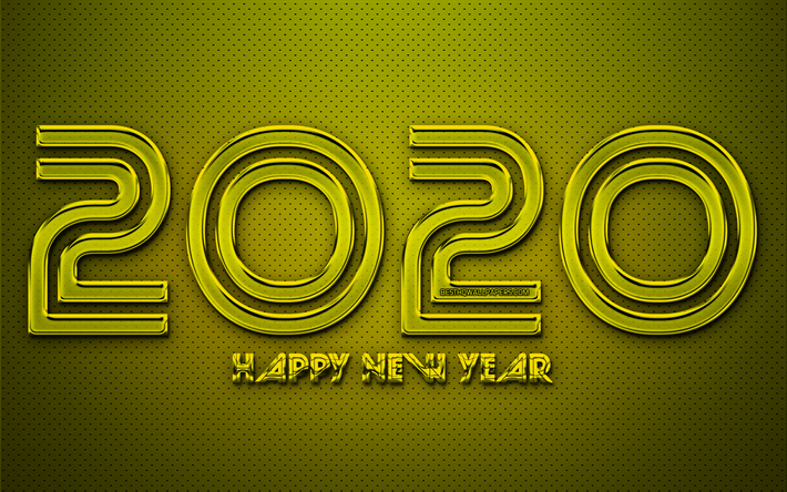2020 keltainen chrome numeroa, 4k, luova, keltainen metalli tausta, Hyv&#228;&#228; Uutta Vuotta 2020, 2020 k&#228;sitteit&#228;, 2020-keltainen tausta, chrome numeroa, 2020-metalli tausta, 2020 vuosi numeroa