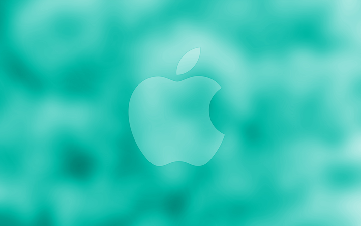 Apple turquoise logo, 4k, turquoise blurred background, Apple, minimal, Apple logo, artwork