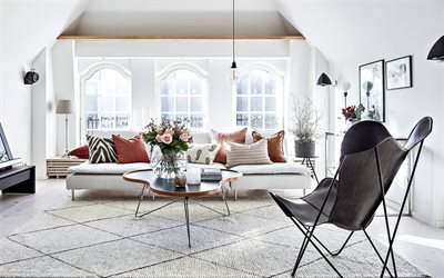 stylish white living room, modern interior design, living room, creative leather armchair, living room interior design, white walls