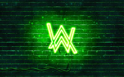 4k, Alan Walker green logo, superstars, green brickwall, Alan Walker logo, Alan Olav Walker, music stars, Alan Walker neon logo, Alan Walker
