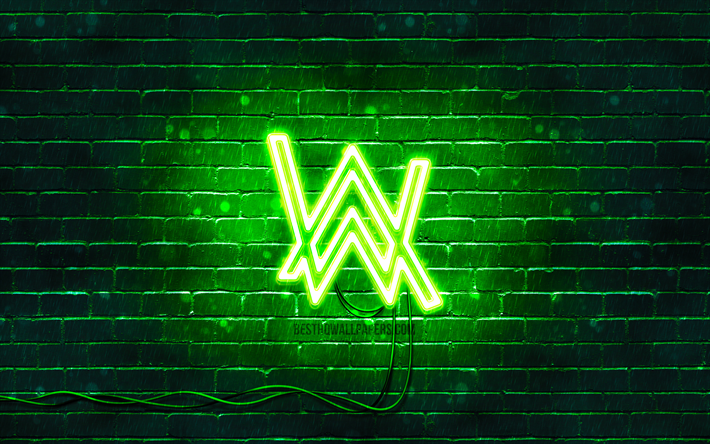 4k, alan walker green-logo, superstars, gr&#252;n, mauer, logo-alan walker, alan walker, olav, musik, stars, logo, neon