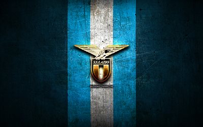 Lazio FC, golden logo, Serie A, blue metal background, football, SS Lazio, italian football club, Lazio logo, soccer, Italy